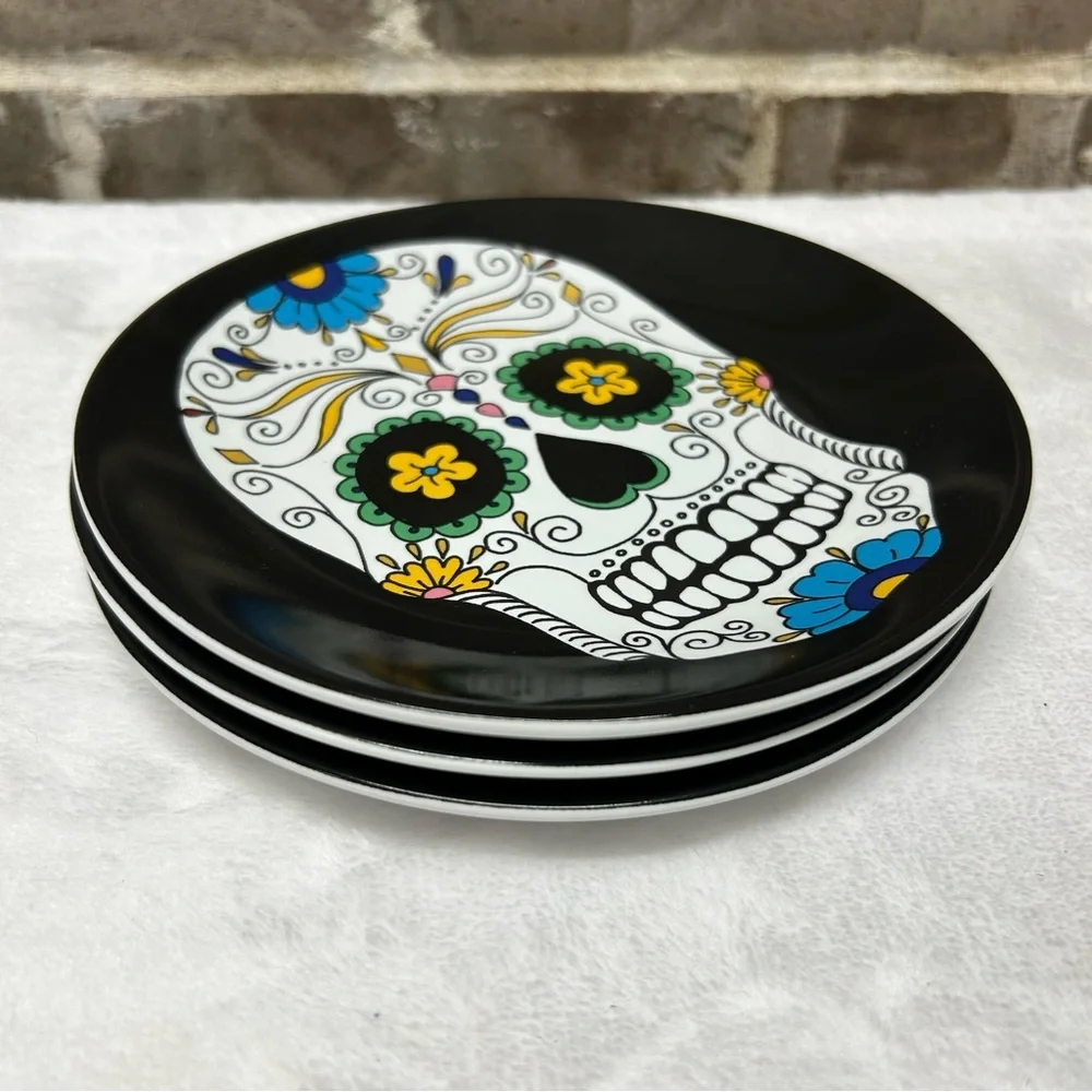 Williams Sonoma Halloween 3 Appetizer Plates Day of the Dead Skull Skeleton Head